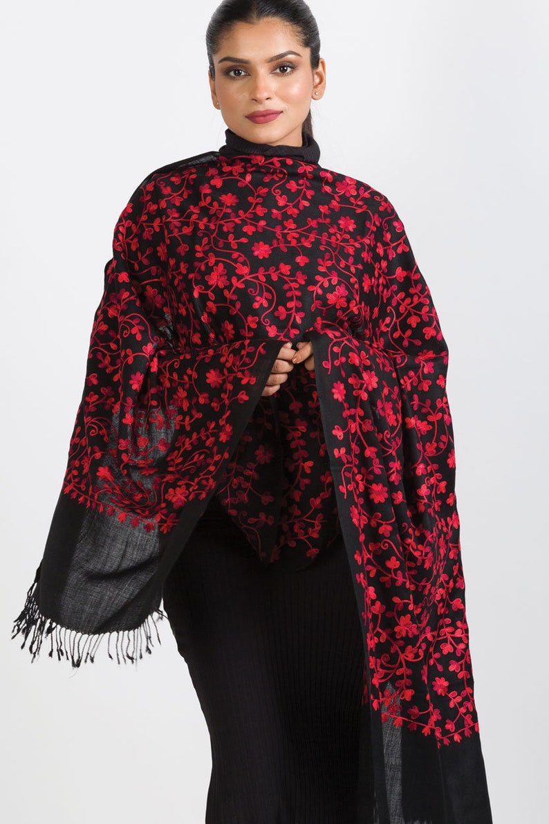 Rani Black & Ruby Floral Embroidered Shawl image 4