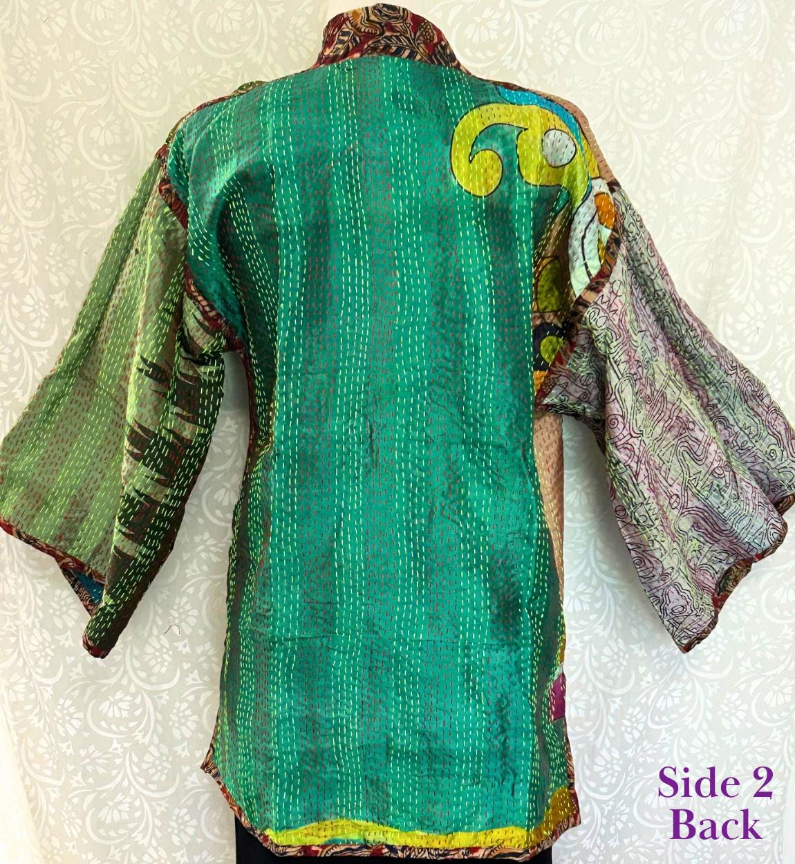 Giacca Kantha Patchwork Indiana In Seta – Kimono Lungo Reversibile – Viola – Fatto A Mano – Taglia Unica - 3