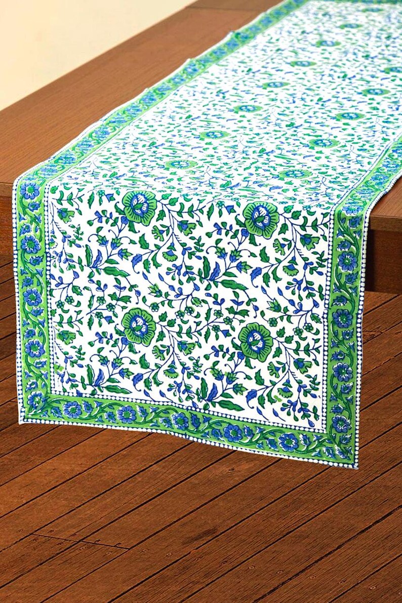 Green & Blue Jaipur Floral Block Print Table Runner image 1