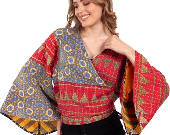 Reversible Patchwork Kantha Butterfly Wrap Crop Top: Assorted Colors, Bell Sleeves