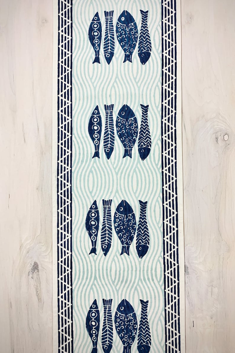 Navy Blue and White Fish Block Print Table Runner - Thumbnail 3