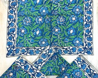 Sage Green and Blue Floral Block Print Cloth Napkins: Set of 4