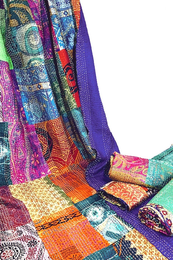 Silk Sari Patchwork Kantha Throw Blanket: Assorted Colors