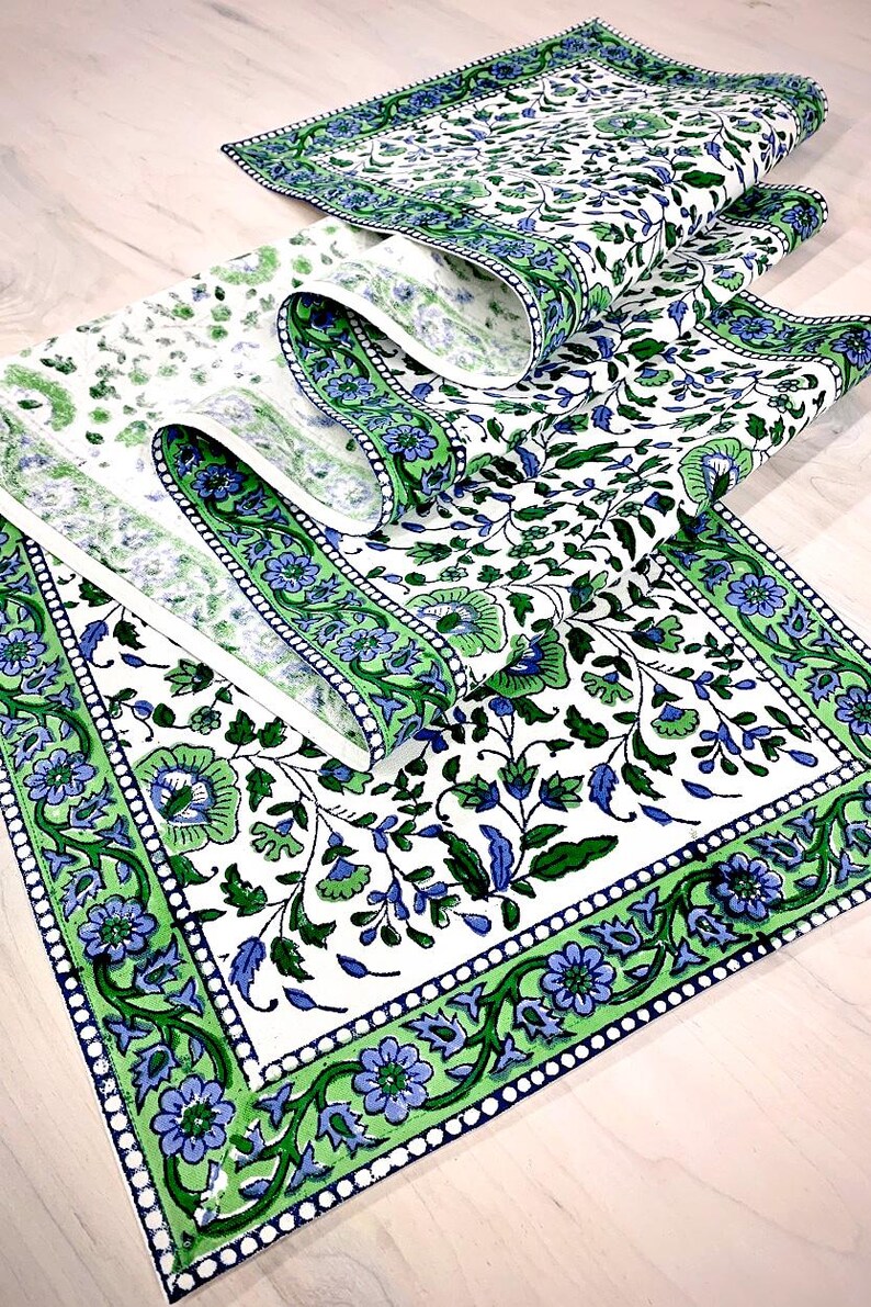 Green & Blue Jaipur Floral Block Print Table Runner image 2