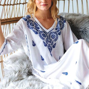 Parama White & Blue Floral Embroidered Caftan