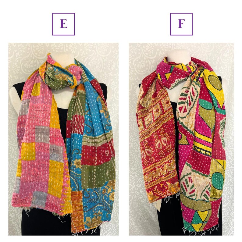 K&ouml;nnte beinhalten: Zwei farbenfrohe Patchwork-Schals auf Schaufensterpuppen. Einer hat rosa, gelbe, blaue und gr&uuml;ne Flicken. Der andere ist rot, rosa, gelb und gr&uuml;n. Beide Schals haben ein gen&auml;htes Design.