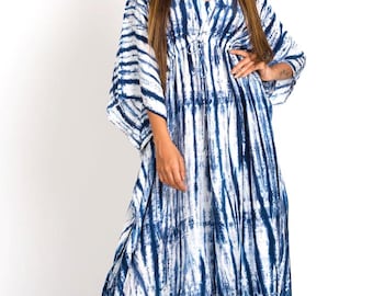Indigo Blue and White Shibori Tie Dye Kaftan Dress