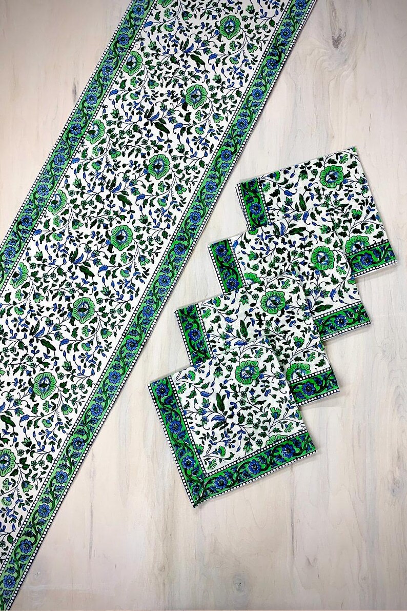 Green & Blue Jaipur Floral Block Print Table Runner image 3