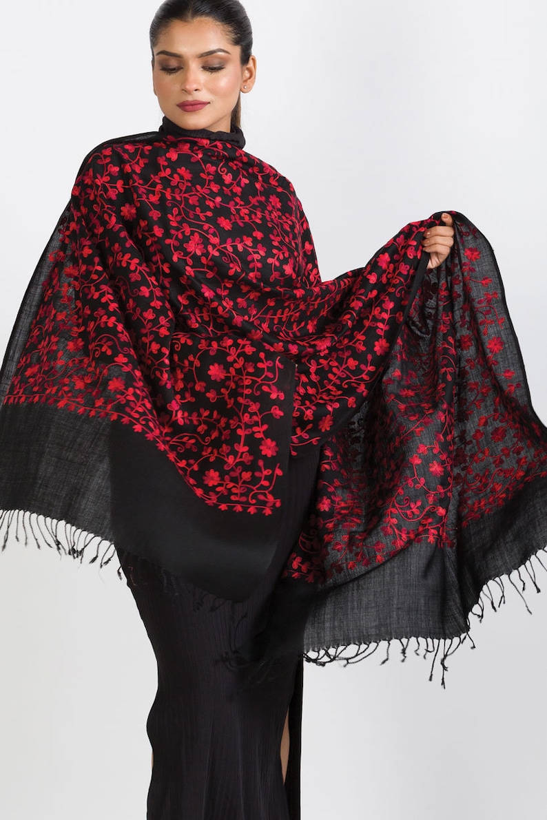 Rani Black & Ruby Floral Embroidered Shawl image 5