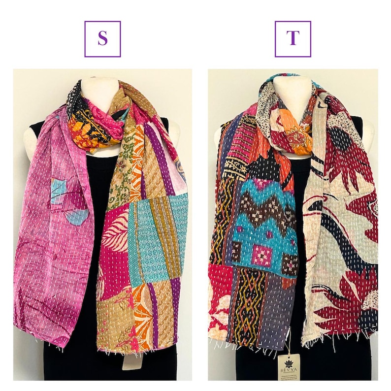 K&ouml;nnte beinhalten: Zwei farbenfrohe Patchwork-Schals, die auf Schaufensterpuppen pr&auml;sentiert werden. Der Schal links ist haupts&auml;chlich rosa mit einem Patchwork-Design, w&auml;hrend der Schal rechts eine Mischung aus Mustern und Farben aufweist. Beide Schals sind drapiert, um ihr Design zu pr&auml;sentieren.