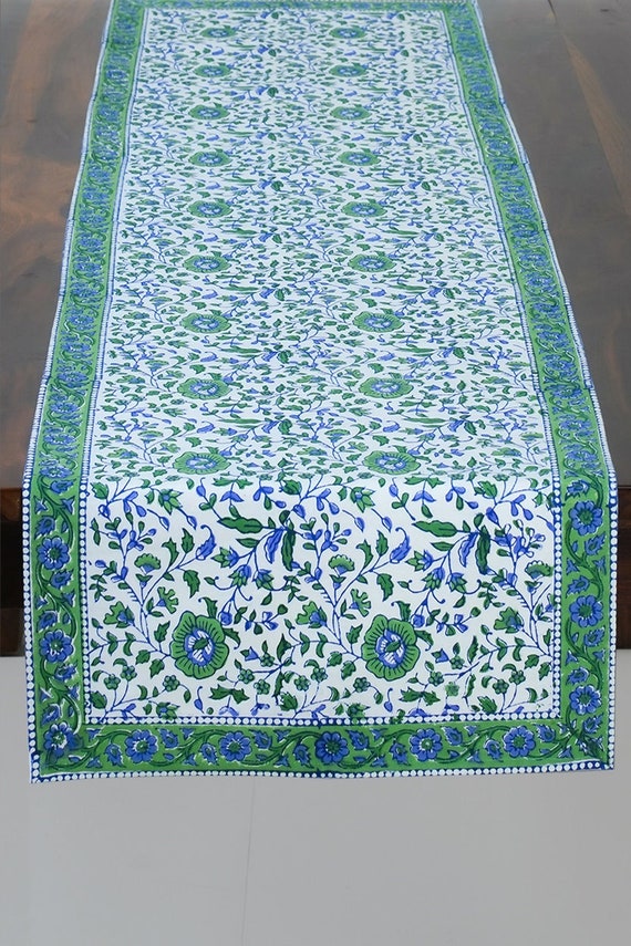 Green & Blue Jaipur Floral Block Print Table Runner