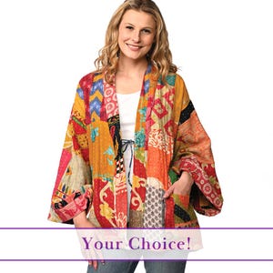 May include: A vibrant patchwork kimono jacket in shades of red, orange, yellow, and blue. The jacket features various patterns, pockets, and an open front. The text "Your Choice!" is displayed at the bottom.