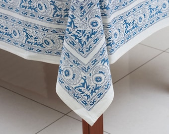 Blue & White Floral Block Print Tablecloth