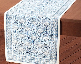 Blue and White Lotus Block Print Table Runner
