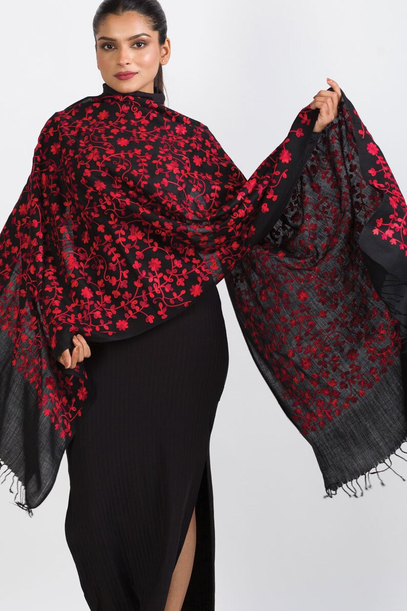 Rani Black & Ruby Floral Embroidered Shawl image 7