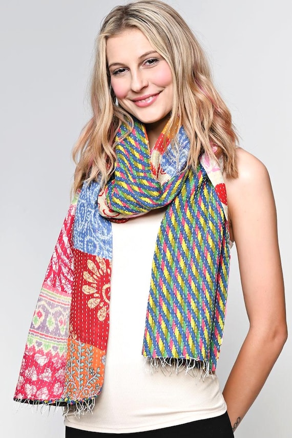 Unique Patchwork Kantha Quilt Scarf with Fringe: Assorted Colors
