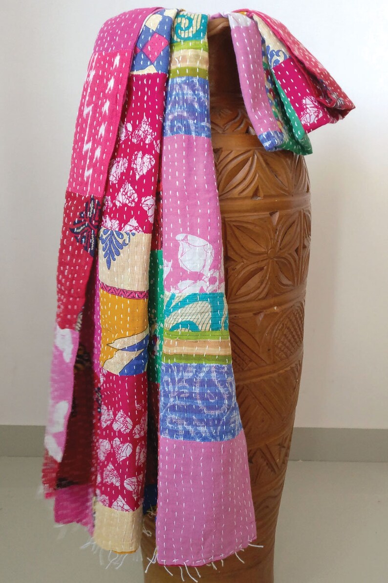 long patchwork scarf, colorful fun accessory, hippie boho style, features bright geometric patterns, casual every day scarf, made in india, made by artisans, soft cotton material, end strings, warm winter wrap, kantha fabric