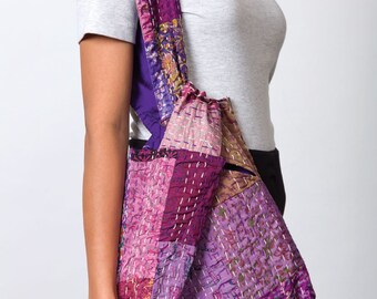 Purple Silk Kantha Jhola Bag