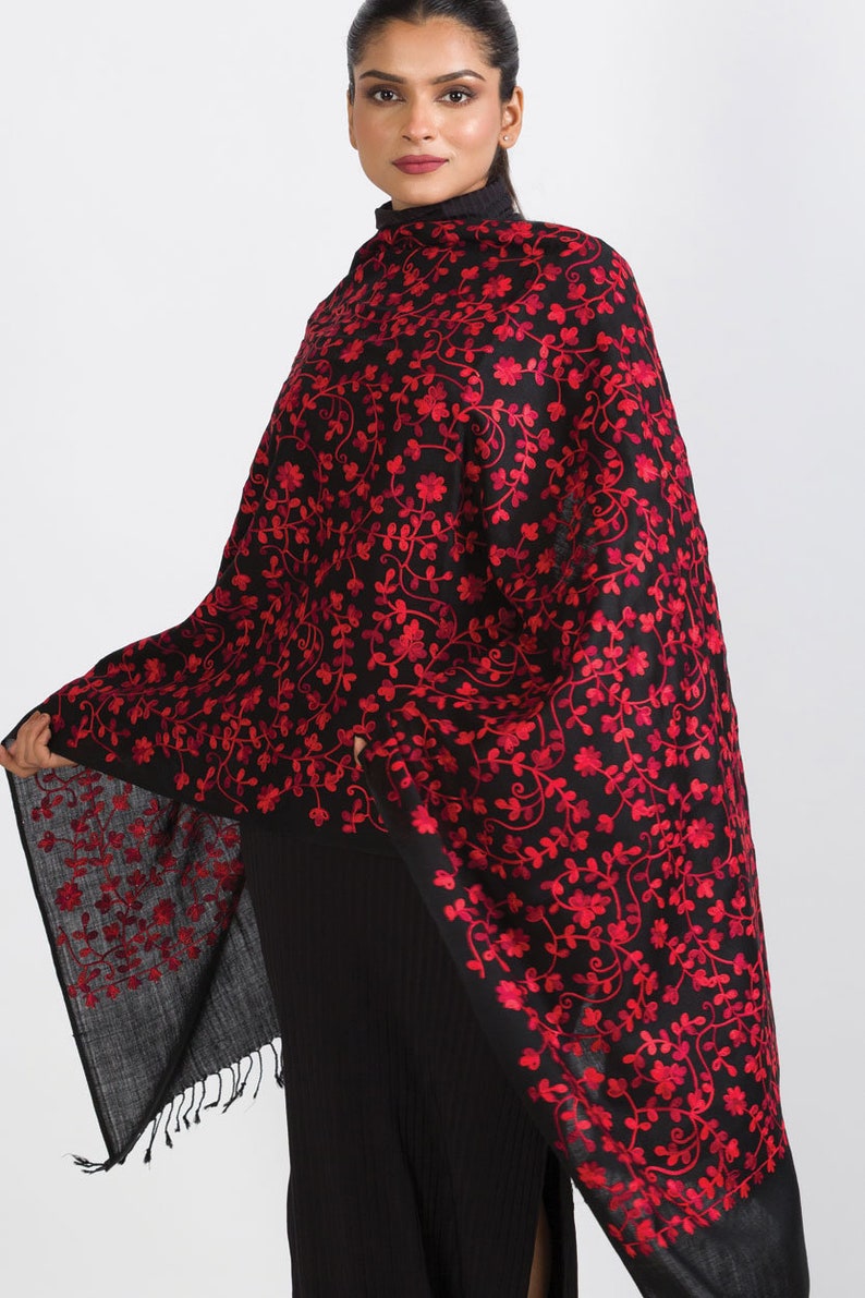 Rani Black & Ruby Floral Embroidered Shawl image 6