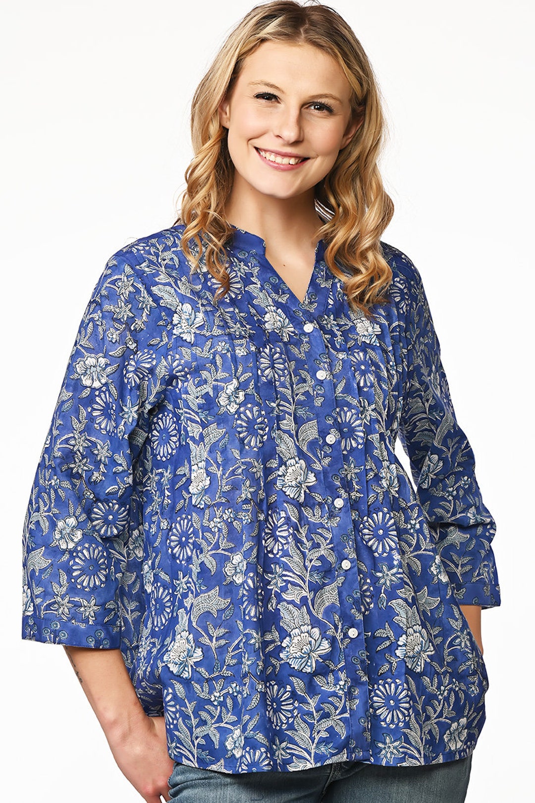 Indigo Charm Cotton Tunic Top – Navy Blue with White Handblock Print