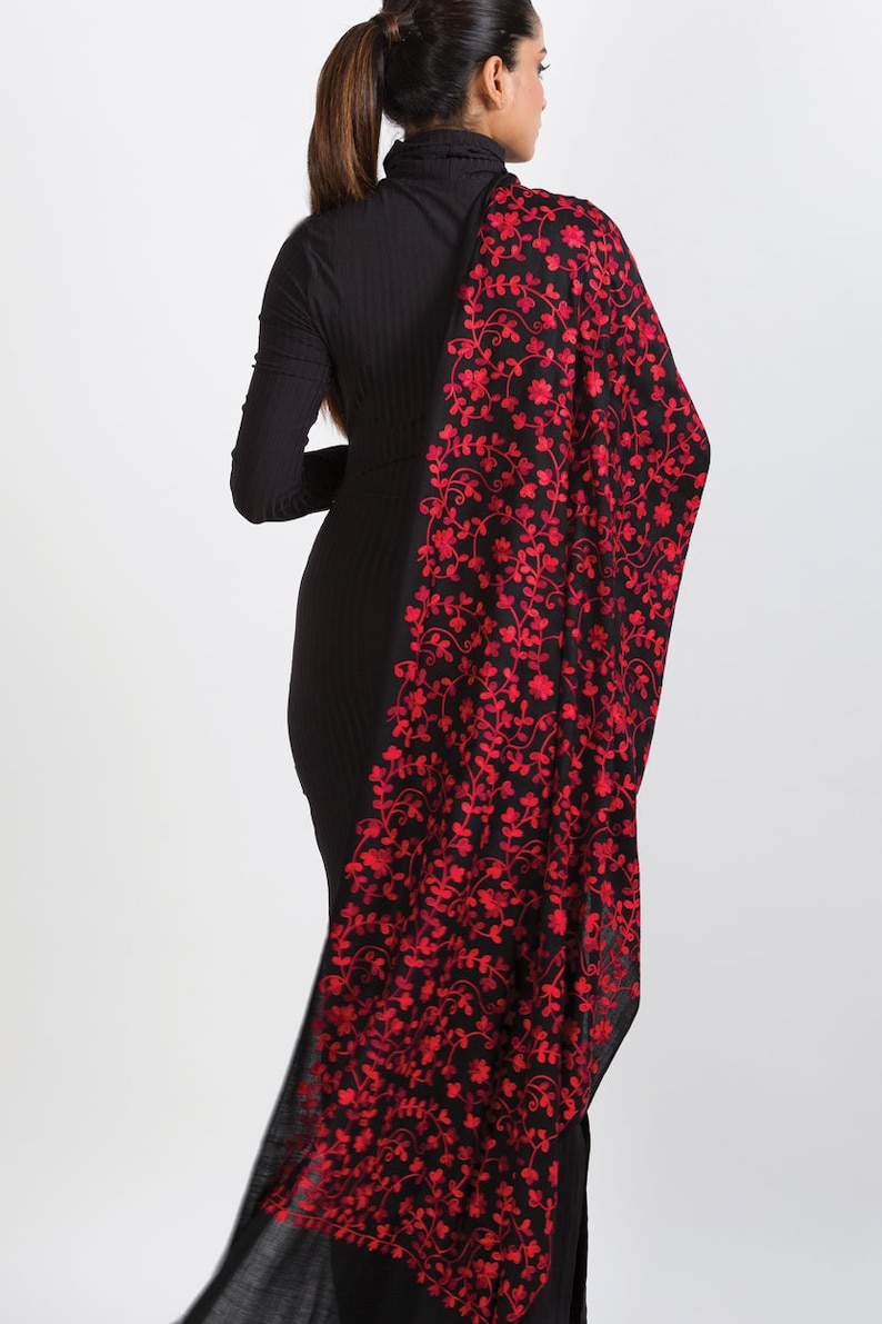 Rani Black & Ruby Floral Embroidered Shawl image 2