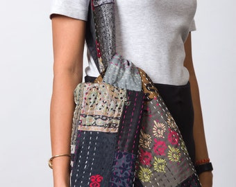 Black Silk Kantha Jhola Bag