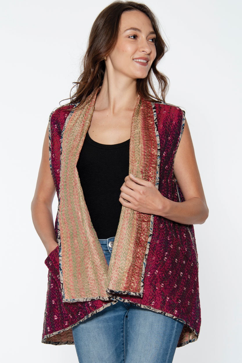 Reversible Kantha Silk Sleeveless Vest Jacket - Assorted Colors