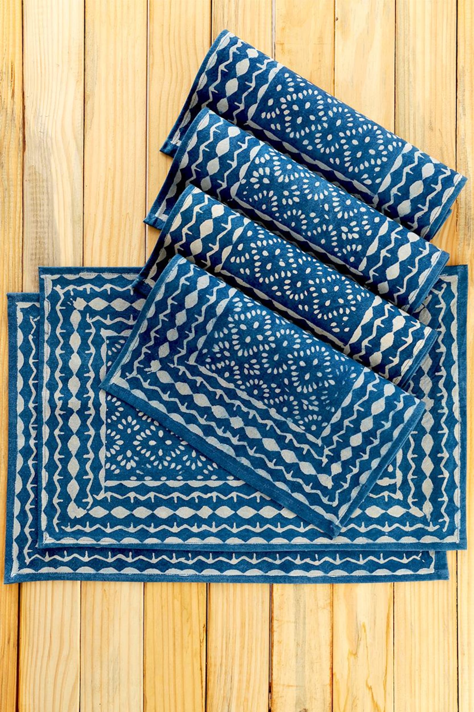 Indigo Blue and White Block Print Placemats: Set of 6