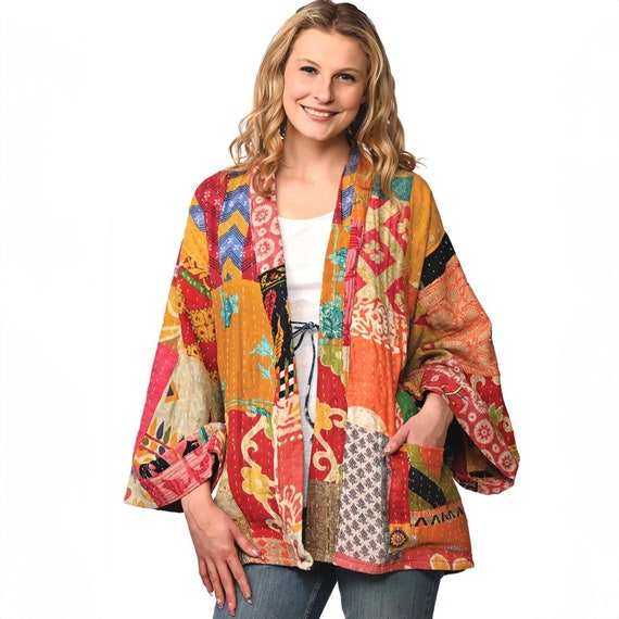 Patchwork Quilted Kantha Kimono Reversible Jacket: Assorted Colors