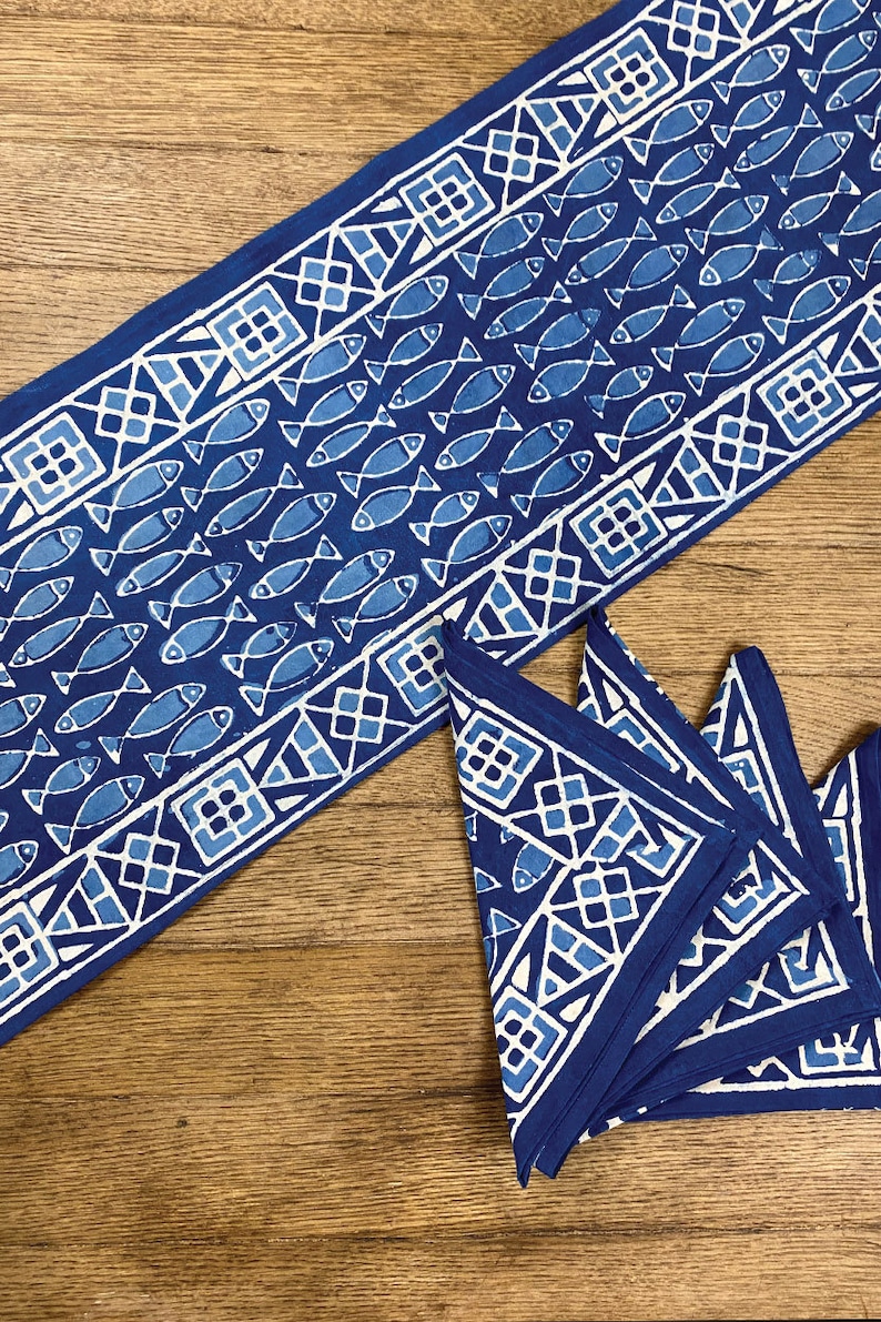 Indigo Blue Fish Block Print Table Runner - Etsy