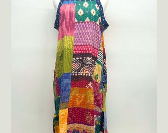 Reversible Patchwork Kantha Cotton Sundress with Ties