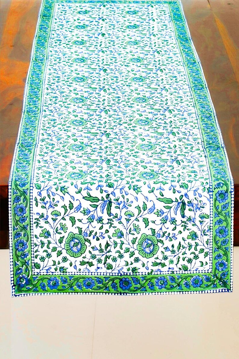 Green & Blue Jaipur Floral Block Print Table Runner image 4