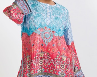 Turquoise & Orange Deena Embroidered Tunic Top