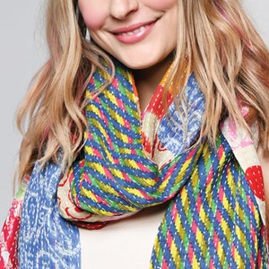 long patchwork scarf, colorful fun accessory, hippie boho style, features bright geometric patterns, casual every day scarf, made in india, made by artisans, soft cotton material, end strings, warm winter wrap, kantha fabric