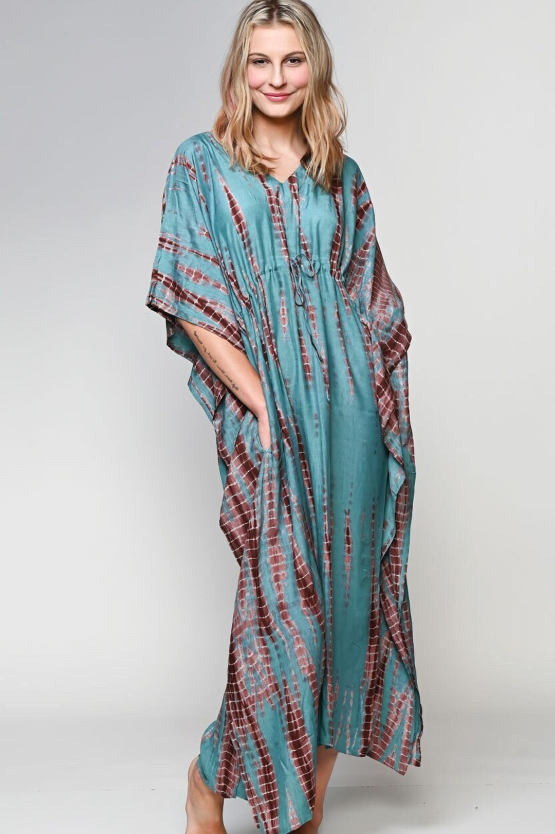 Multicolor - Shibori Tie-Dye Cotton Knee Length Kaftan Dress