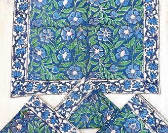 Blue - Floral Block Print Cotton Table Napkin 08 main image 0