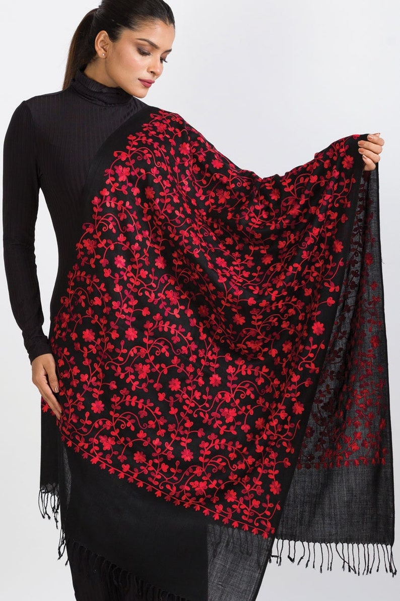 Rani Black & Ruby Floral Embroidered Shawl image 1