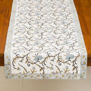Silver and White Floral Block Print Table Runner