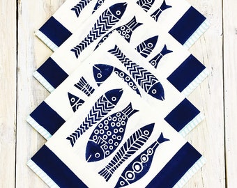 Indigo Fish Block Print Napkin Set