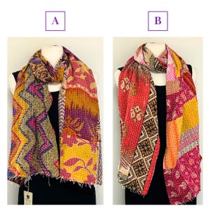 K&ouml;nnte beinhalten: Zwei farbenfrohe, gemusterte Schals werden gezeigt. Schal A zeigt eine Mischung aus Gelb-, Lila- und Rosat&ouml;nen mit floralen und geometrischen Designs. Schal B zeigt Rot-, Rosa- und Gelbt&ouml;ne mit Patchwork- und Paisley-Mustern. Beide Schals sind auf Schaufensterpuppen drapiert.