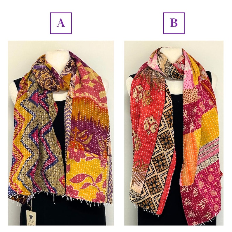 K&ouml;nnte beinhalten: Zwei farbenfrohe, gemusterte Schals werden gezeigt. Schal A zeigt eine Mischung aus Gelb-, Lila- und Rosat&ouml;nen mit floralen und geometrischen Designs. Schal B zeigt Rot-, Rosa- und Gelbt&ouml;ne mit Patchwork- und Paisley-Mustern. Beide Schals sind auf Schaufensterpuppen drapiert.