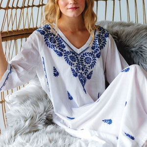 Parama White & Blue Floral Embroidered Caftan