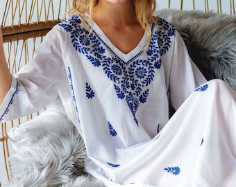 Parama White & Blue Floral Embroidered Caftan