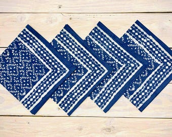 Indigo Blue and White Geometric Block Print Cloth Napkins: Set of 4