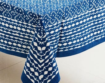 Indigo Blue Block Print Rectangle Cotton Tablecloth