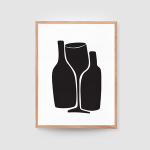 Wine Bottles and Glass Printable Wall Art – Monochrome Wall Art Print – Digital Download