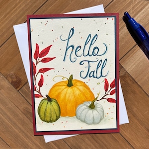 Handgemaakte herfstwenskaart met envelop, met de hand getekende kalebassen en pompoenen, blanco binnenkant voor elke gelegenheid, cadeau-idee