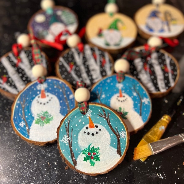 Hand painted snowman wood slice ornament