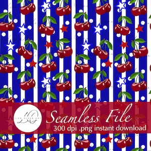 May include: Seamless pattern featuring cherries, red stars, white dots, and blue stars on a blue and white striped background. The text "Seamless File" is displayed in a red banner.