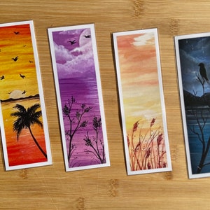 Watercolor bookmarks, Laminated Fine Art Prints, Nature Landscape painting, rainbow tree, Sunset Beach, gift idea